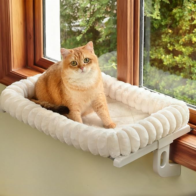 Cat Window Sill Perch,‌ 4-Sided Cushion Bolster Cat Window Seat with ‌Sturdy Frame,‌ ‌Easy Adjust Window Sill Mount Pet Bed for Indoor Cats (White, Large)