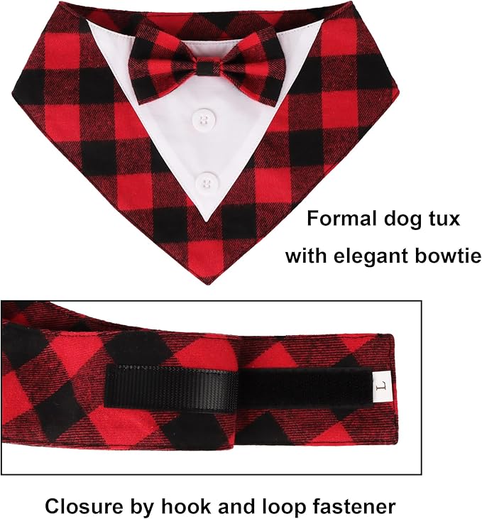 ADOGGYGO Christmas Dog Tuxedo Bandana, Red Plaid Xmas Pet Bowtie Collar, Adjustable Christmas Costumes for Extra Small Dogs (XS)