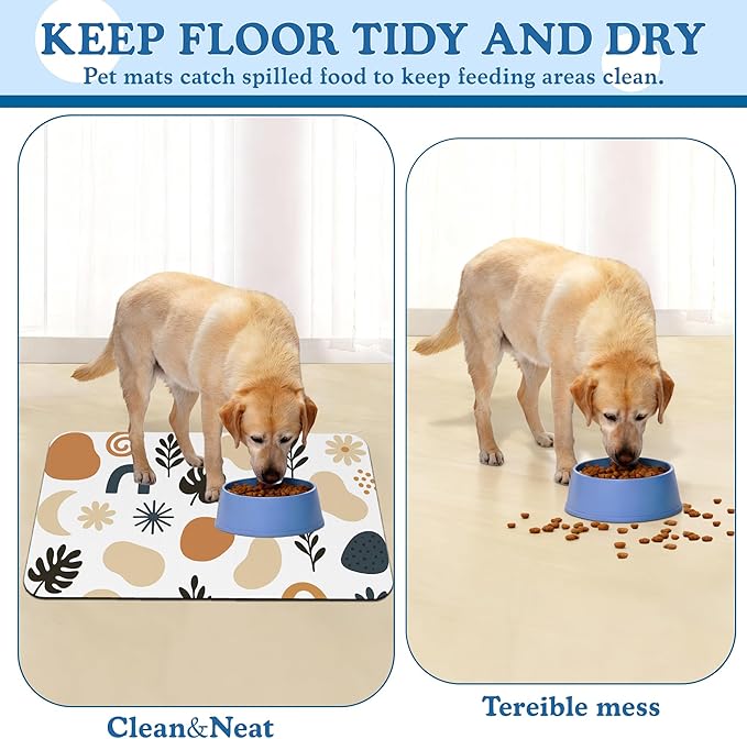 Boho Style Dog Food Mat–Absorbent Quick Dry Feeding Placemat for Food and Water Bowls, Non Slip Rubber Backing, Waterproof Pet Supplies for Mess-Free Eating 16"x24"