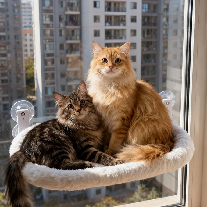 Cat Window Perch with Strong Suction Cups, Cat Window Hammock Foldable Bed with Breathable Mesh, All-Season Lounger for Medium Small Cats to Bird Watch & Sunbathe (White, XL)