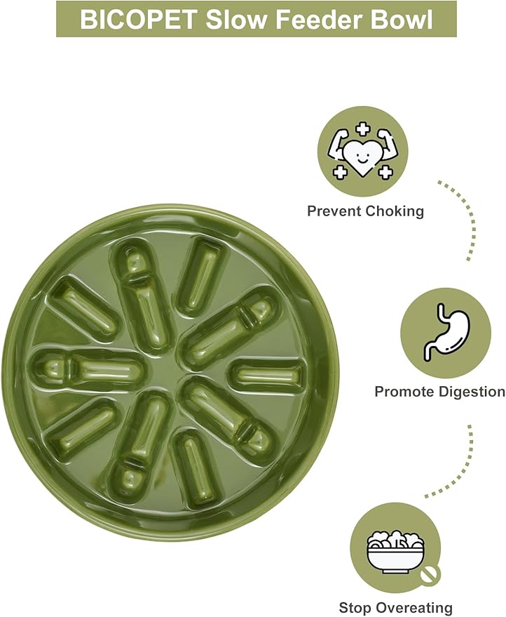 Ceramic Maze Dog Slow Feeder with Non-Slip Silicone Rim – Heavy-Duty Stoneware Bowl with Puzzle Pattern for Bloating & Obesity Prevention (Green-M)