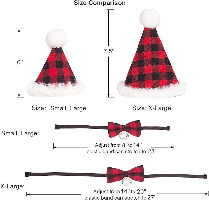 ADOGGYGO Christmas Dog Bandana Hat Bowtie, Red Plaid Pet Christma Hat Scarf Xmas Outfit Costume Accessories for Medium Large Dogs (Large)