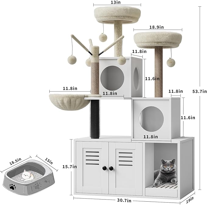 Litter Box Enclosure with Tree Tower, Condo, Cat Brush Post, and Passage, Hidden Washroom Furniture with Sisal Scratching Post & Soft Plush Perch, Wooden Multi-Platform Cat Furniture, White