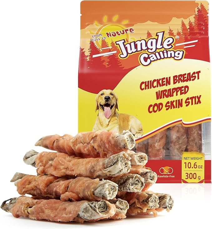 Jungle Calling Dog Treats, High Protein Dog Chewy Treats Health Teeth and Coat, Chicken Wrapped Cod Skin Sticks, Rawhide-Free Cod Fish Skin Snacks for Dogs, 10.6 oz