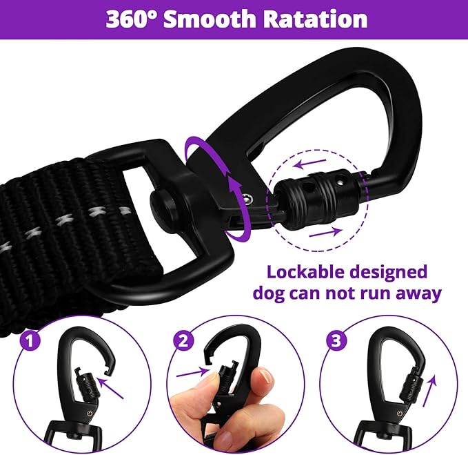 Rope Dog Leash 6 FT: Heavy Duty Leashes with Swivel Lockable Hook Reflective Threads Bungee and Padded Handle - Dog Lead for Large Small Medium Dogs Outside Walking Hiking Purple