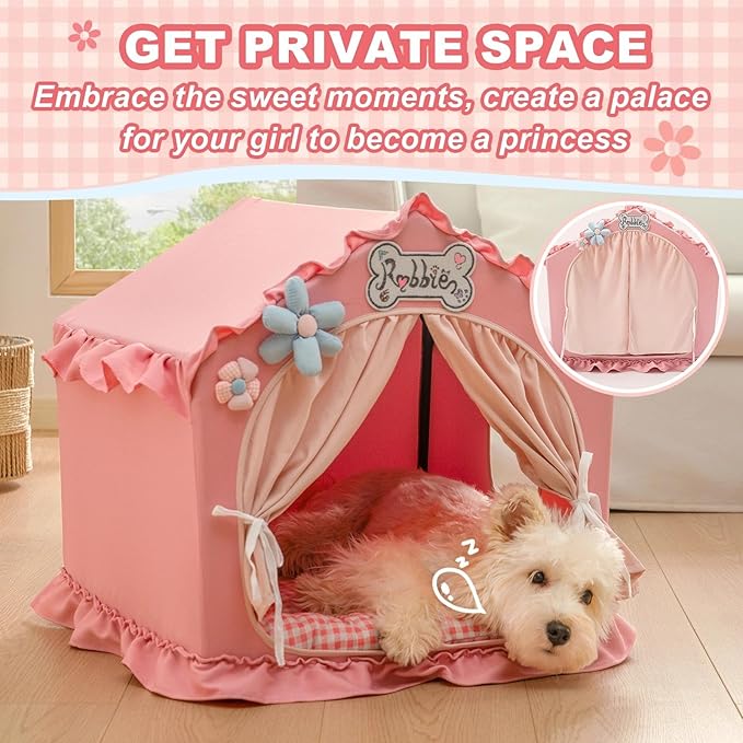 Jiupety Indoor Dog House with Frame, Cute Dog Tent Bed with Cover Cave, Breathable, Washable, and Foldable House, Suitable for 10-20 Lb Puppy and Cats, Medium (17"×17"×17"), Pink