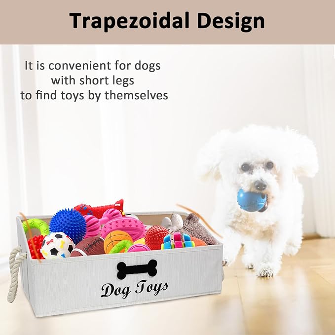 Trapezoid Fabric Dog Toy Basket with Rope Handle - Storage Organizer for Pet Toys - Personalizable - Beige