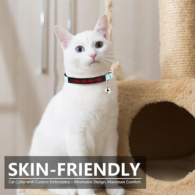 Personalized Nylon Cat Collar Breakaway with Bell, Custom Glow in The Dark ID Collar with Embroidered Name and Phone Number (Glow in The Dark)