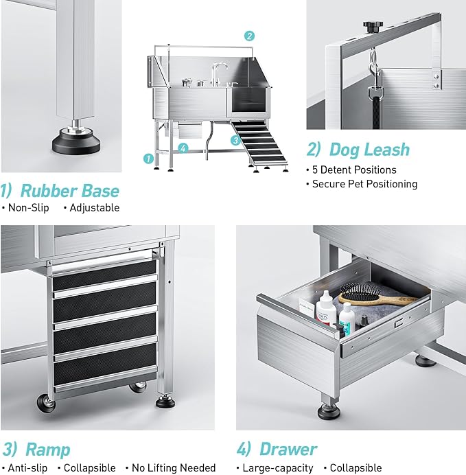 Professional 56" Dog Washing Station, 304 Stainless Steel Dog Bathing Station, Height Adjustable Dog Grooming Tub w/Ramp, Storage Drawer, Dog Bathtub for Large, Medium&Small Dogs (Right Ramp)