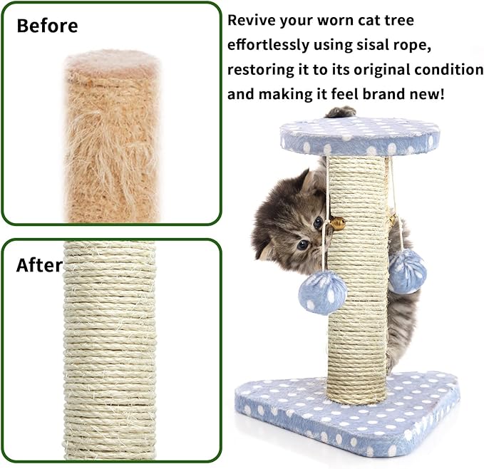 Natural Sisal Rope 8mm 98-Feet for Cat Scratching Post Tree Tower Replacement Repair and Replace, DIY Hemp Twine Rope for Cat Scratching Furniture Window Perch and Crafts Gardening Home Decorating