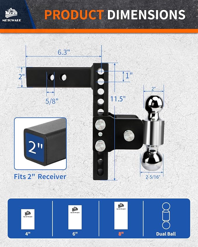 METOWARE Adjustable Trailer Hitches Fits 2-Inch Receiver - Adjustable Ball Mount with 8-Inch Drop/Rise (12,500 LBS GTW) - Dual Ball (2'' x 2-5/16'') and Anti-Theft Stainless Steel Trailer Lock