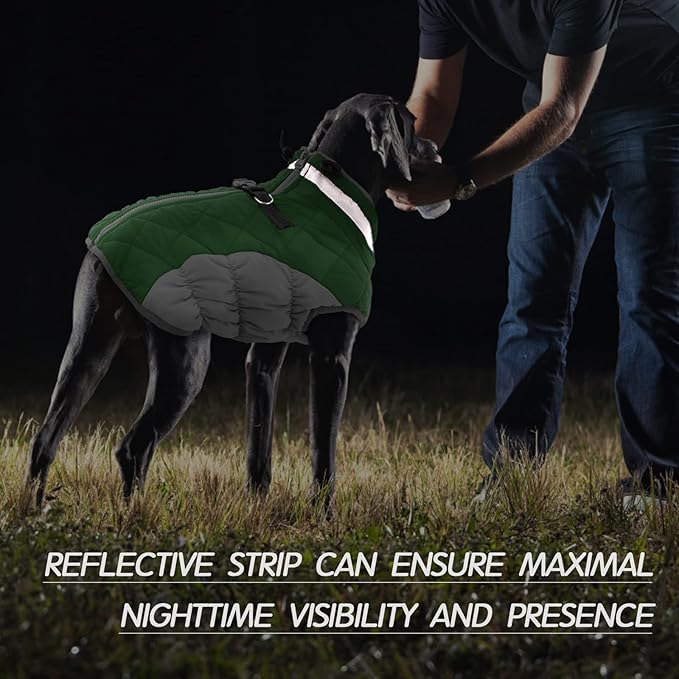 FUAMEY Dog Coat for Large Dogs,Waterproof Dog Winter Jacket with Harness Built in Puppy Cold Weather Coats Reflective Pet Vest with Zipper Warm Fleece Dogs Snowsuit Windproof Green XXL