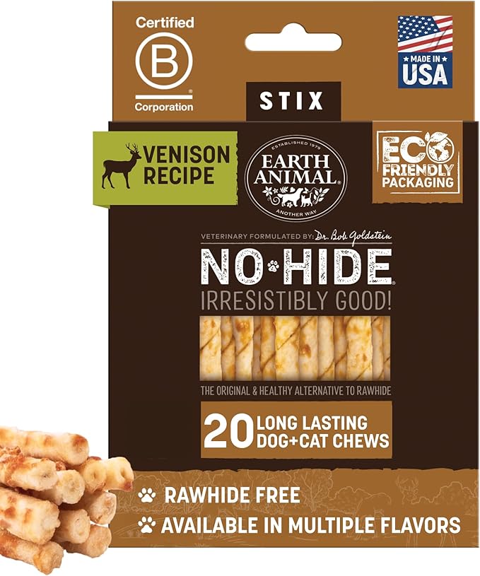 Earth Animal No Hide Stix - Long Lasting Rawhide Free Small Dog Chews Sticks, Venison - 20 Count Value Pack