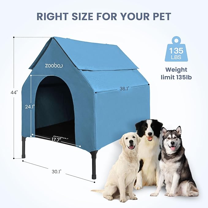 36" Large Dog House for Large Dog Indoor or Outside, Weatherproof 600D PVC Outdoor, Featuring Breathable 2x1 Textilene Elevated Dog Bed, Easy Clean (Blue)
