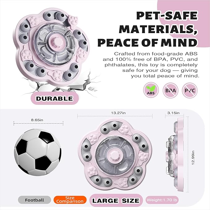 KADTC U.S. Brand & Design -3 Levels of Challenge Spinning Dog Puzzle Toy for Small/Medium/Large Dogs Puzzles Feeder Treat Slow Dispenser Puppy Food Dispensing Enrichment Pink Thanksgiving Toys Gift