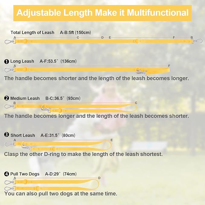 Wisedog Waterproof Dog Leash – 5ft/6ft Adjustable with 2 Hooks & Traffic Handle, Easy to Clean Double Clip Leash for Small, Medium, Large Dogs (Butter Yellow,S)