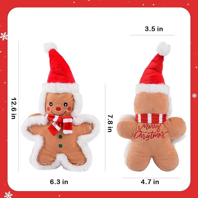 13.4'' Christmas Squeaker Dog Toys Stuffed Gingerbread Man Dog Plush Chew Toys Holiday Stocking for Small, Medium, Large Dogs Breed