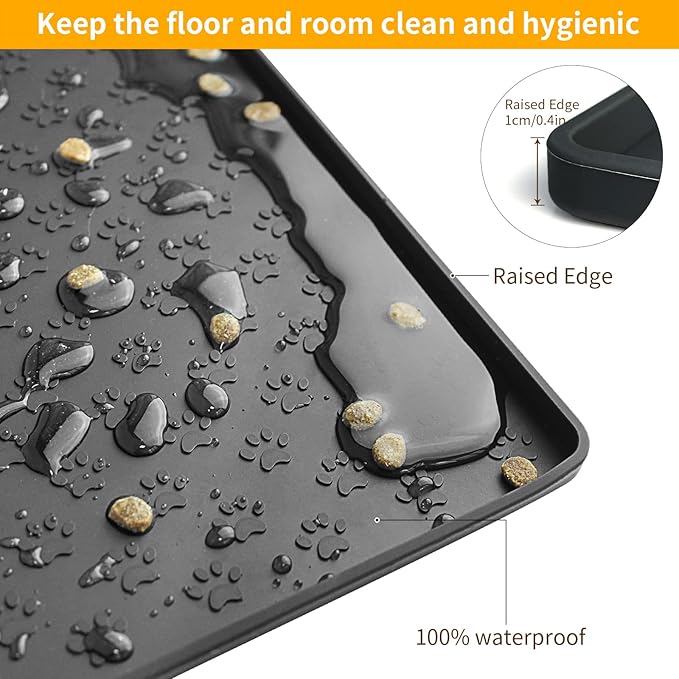 Ptlom Silicone Pet Placemat for Dog and Cat, Waterproof Anti-Slip Pet Feeding Bowl Mats for Food and Water, Small Medium Large Tray Mat Prevent Residues from Spilling to Floor, Black, 31.5" 23.6"