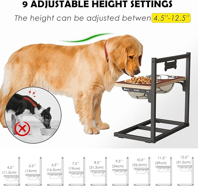 Elevated Dog Bowls with Slow Feeder - 9 Heights Adjustable Raised Dog Bowl Stand with Two 1.7L Stainless Steel Pet Food Bowls & Slow Feeder, Perfect for Medium Large Sized Dogs and Cats