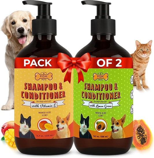 POM Pets 2 Pack 2-in-1 Organic Dog Shampoo & Conditioner – Itchy Skin Relief, Dog Deshedding, Detangles Fur, Cat Shampoo, Paw Cleaner for Dogs, Natural Coat Defense Formula
