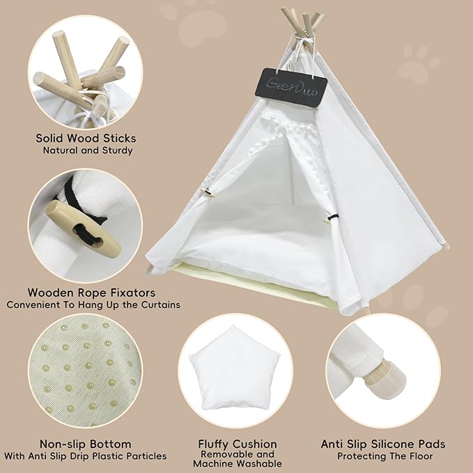 Pet Teepee Tent for Small Dogs or Cats, Protable Puppy Sweet Bed, Dog/Cat House with Thick Washable Cushion(Striped,28in)