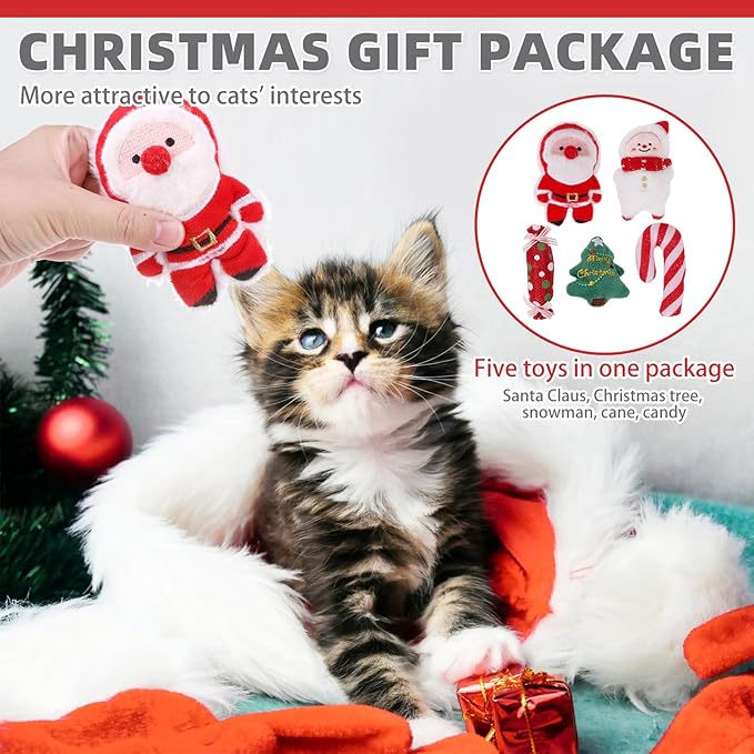 KOOLTAIL Christmas Cat Catnip Toys, 5 Pack Durable Soft Santa Claus Christmas Tree Candy Toy Filled with Natural Catnip, Interactive Bite Resistant Chew Teeth Cleaning Gift for Indoor Cats Kitten