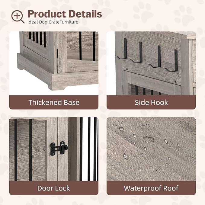 40'' Wooden Dog Crate Furniture–Farmhouse Dog Kenel-Multi Purpose Pet House with Double Doors, 2 Drawers, for Small, Medium & Large Dogs–Rustic Grey Finish