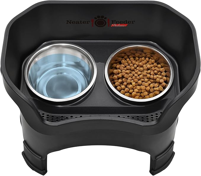 Neater Feeder Deluxe Mess Proof Dog Bowls Elevated for Large Dogs – Made in USA – No Spill Raised Dog Food Bowl Stand w/Leg Extensions – Stainless Steel Dog Food and Water Bowl Set – Black