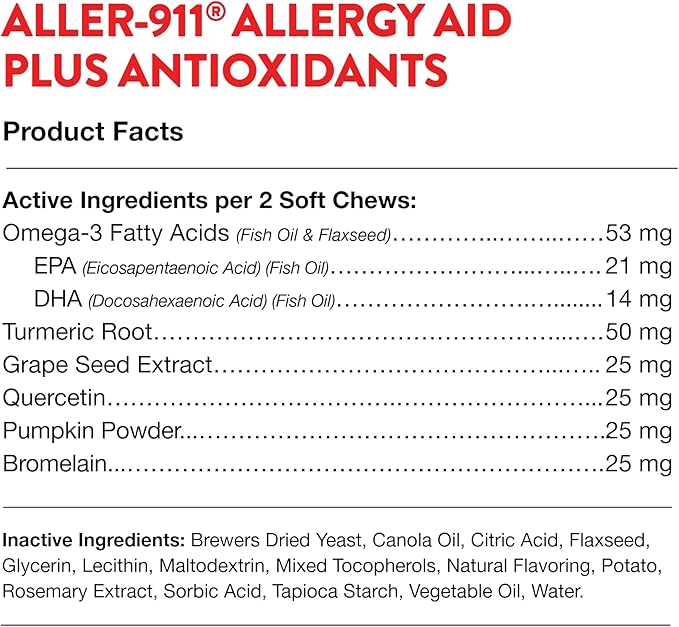 NaturVet – Aller-911 Allergy Aid Plus Antioxidants for Cats – 60 Soft Chews | Supports Immune System, Skin Moisture & Respiratory Health | Enhanced with Omegas, DHA & EPA | 30 Day Supply