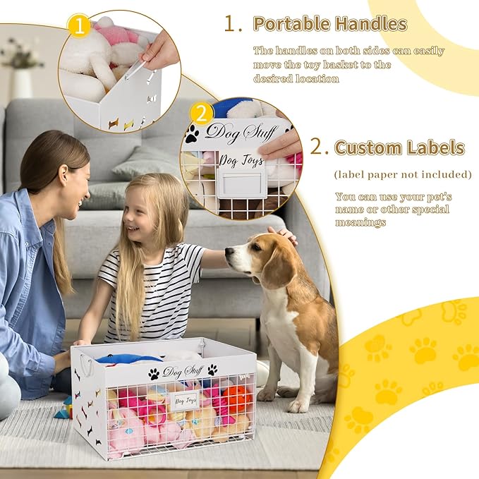 Dog Toy Basket - Large Dog Toy Box with Handles and Label Position Design for Living Room, Metal Dog Toy Bin Storage for Dogs Chew Pets Toys, Blankets, Clothes, Food (White)