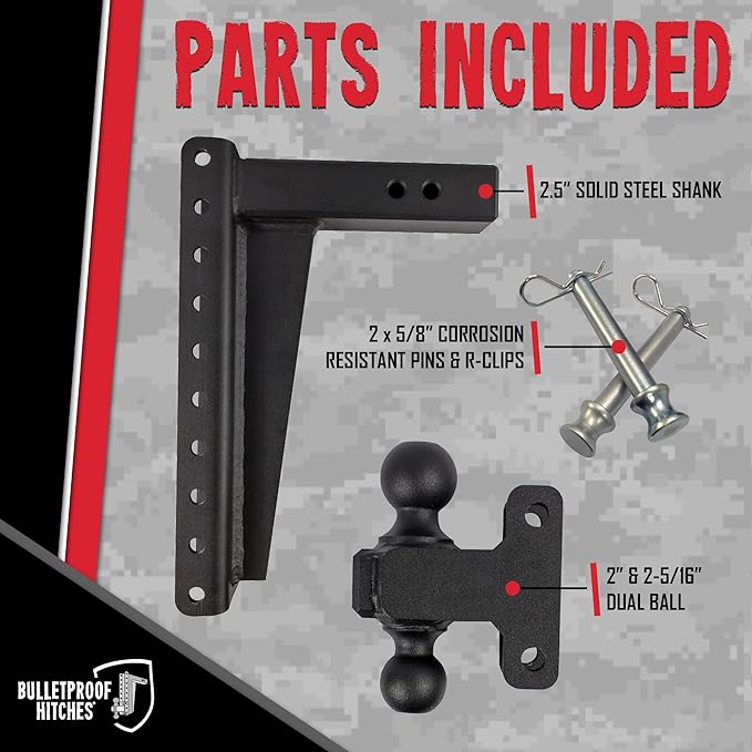 BulletProof Hitches - 2.5" Adjustable Heavy Duty Trailer Hitch (22,000 lb. Rating) - 14" Drop/Rise Trailer Hitch with 2" & 2-5/16" Dual Ball - Powder Coat, Solid Steel, Corrosion-Resistant