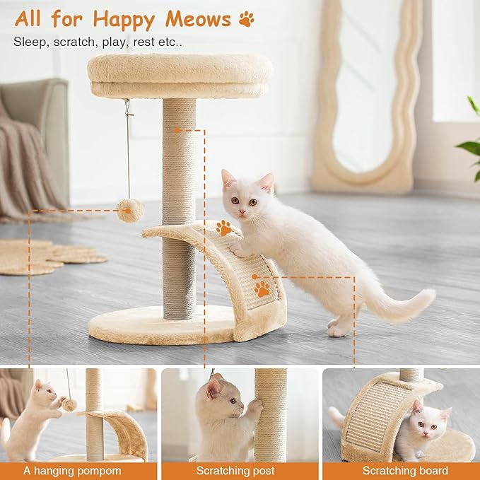 Cat Scratching Post Tower for Indoor Cats, Small Cat Tree Tower with Bed and Hanging Ball Toys, Short Modern Carpet Kitten Scratcher Stand with Large Round Perch and Scratch Ramp (Beige)