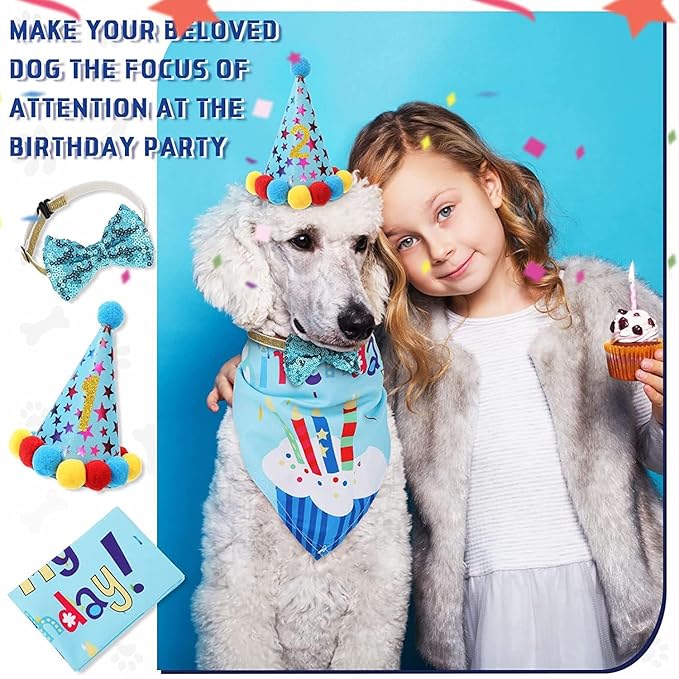 Dog Birthday Decorations, Puppy Birthday Party Outfits,Birthday Hat/Bow Tie/Bandana/Happy Birthday Banner,Pet Theme Suit Apparel & Accessories for Boy Golden Doodle Teddy Husky Labrador (4PCS Blue)