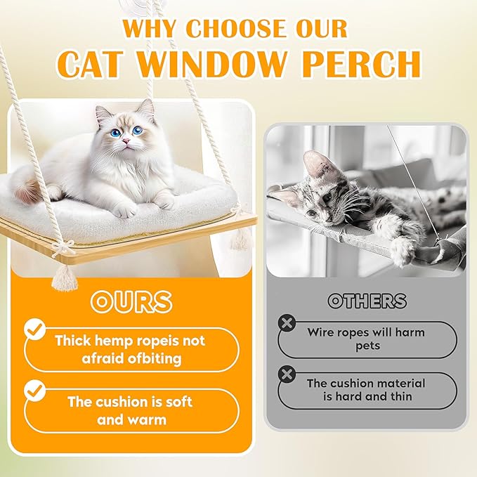 Cat Window Perch Cat Hammock Kitten Window Seat with Cushion Bed Cover Solid Wood Seat with Strong Suction Cups Hanging Kitten Bed for Small Medium Indoor
