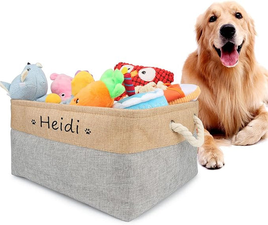 Personalized Dog Toy Box, Dog Toy Basket Storage with Cotton Handle, Customized Name and Paw Heart Print Puppy Toy Bin for Organizing Food Clothes and Pets Accessories(Paw Gray)