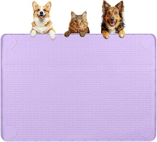 Dog Food Mat, Extra Large 40" x 28" Silicone Pet Feeding Mat with Raised Edge Pet Placemat for Small, Medium, and Large Pets Non-Slip, Easy to Clean (Purple)