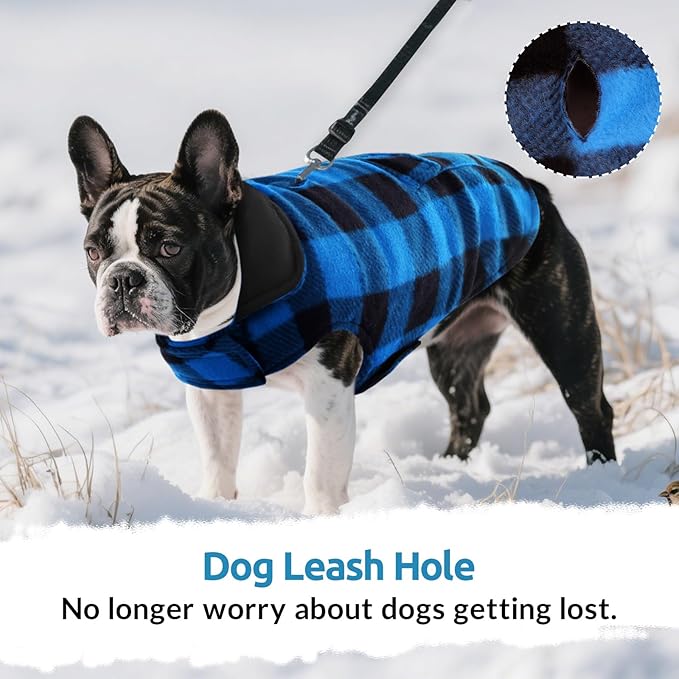 ASENKU Dog Winter Coat, Fleece Doggie Jacket Plaid Reversible Vest Waterproof Windproof Cold Weather Clothes for Small Medium Large Dogs (S, Blue)