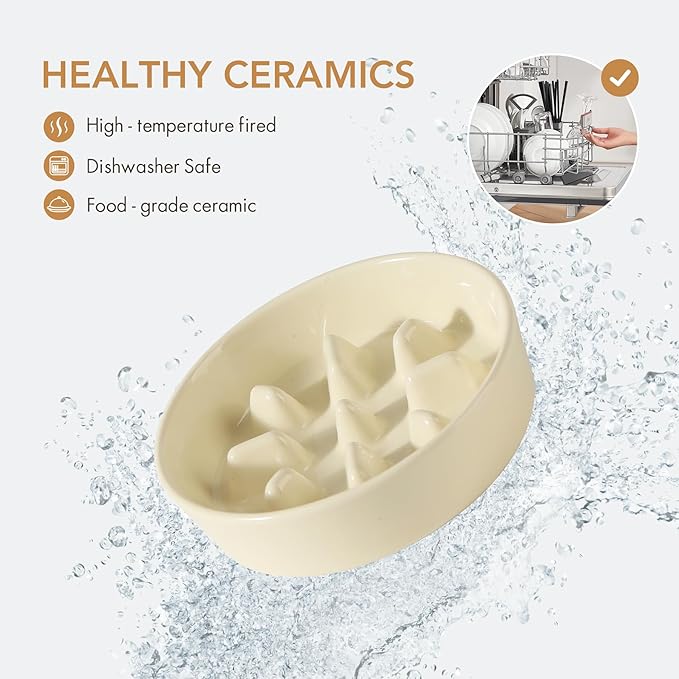 Ceramic 1.2 Cup Raised Slow Feeder Dog Bowl Set, Elevated 6.1inch Bowl and 7.3inch Slow Pet Food Dish with Wooden Stand for Small and Medium Dog (2 x Beige+ Stand)