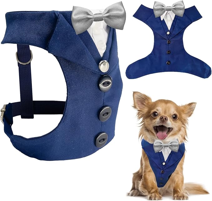 AVERYDAY XS Pet Tuxedo Harness, Wedding Costume Outfit for Small Dogs, Slim Cats and Tiny Pets with 8.3" Neck, 13-14.6" Chest, 10" Max Head Girth, Formal Suit Costume for Mini Breeds