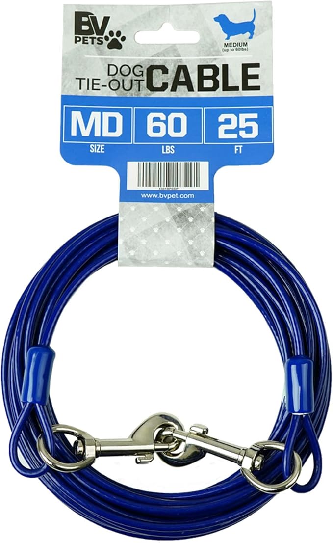 BV Dog Tie Out Cable 25 Feet - Heavy Duty Dog Lead Up to 60 Pounds - Reflective & Rust-Free with Quick Release Swivel Clips & 360° Rotating Clasp - Tangle-Free Dogs Runner for Yard (Blue, Single)