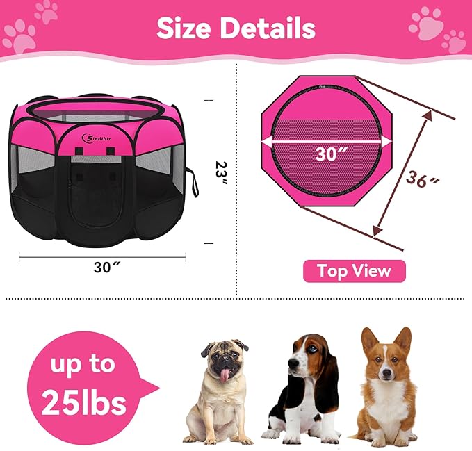 Dog Playpen, Medium Puppy Pet Playpen, Dog Crate Tent Cage Indoor/Outdoor, Portable Pop Up Dogs Kennel Playpen with Carrying Case for Dogs/Cats/Rabbits, Hot Pink