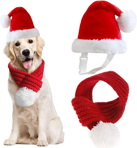 Inscape Data Christmas Dog Santa Hat with Adjustable Scarf, Red Knit Scarf with White Pompom Ball, Dog Winter Neck Warmer, Christmas Party Dressup