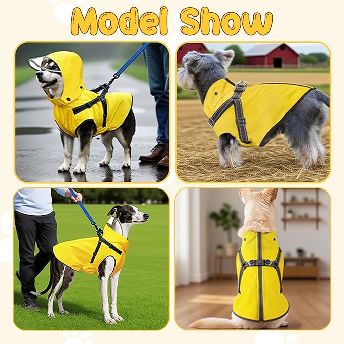 Dog Raincoat: Dog Rain Jacket with Reflective Harness & Removable Hood | Waterproof Dogs Rain Coat Poncho for Large Medium Small Dogs Puppies (Yellow - M)
