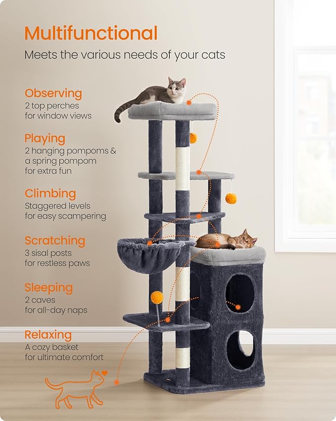 Feandrea Tall Cat Tree Tower, Multiple-Level Cat Condo with 2 Caves, 3 Scratching Posts, 3 Perches, Dark Gray UPCT007G02