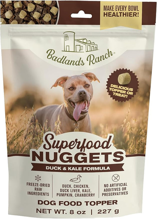 BADLANDS RANCH Superfood Nuggets – Freeze-Dried Raw Dog Treat & Food Topper, Nutrient-Dense Duck & Kale Formula, High Protein, No Artificial Additives, 8oz Bag