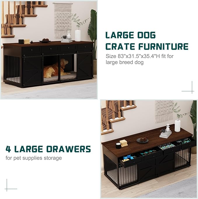 Furniture Style Dog Crate, 83" L Super Large Indoor Wooden Farmhouse Dog Kennel Furniture with Double Sliding Barn Doors, 4 Drawers & Room Divider, for Large Breed Dogs, Black