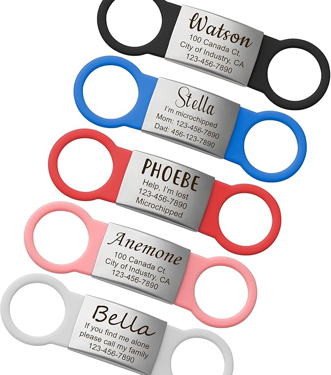 Anavia Slide On Silent Pet ID Tags Cat Dog Name Tags, Multi-Color Silicone Band Personalized Engraved Stainless Steel Tag, Customized Chew-Proof Quiet Dog Collar Tags (Large, Pink)