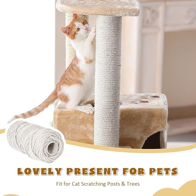 262 ft/80 m White Sisal Rope for Cat Scratcher, 1/5 inch/ 5 mm Thick Twine for Cat Scratching Post Cat Tree Replacements DIY Craft Projects, Jute Hemp Rope with 4 Random Colors Cat Toys