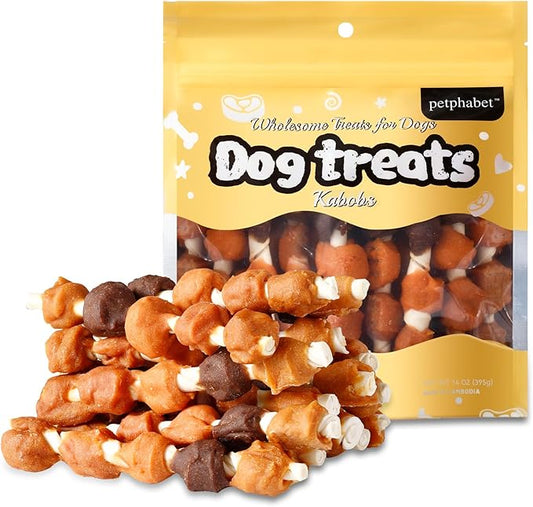 PETPHABET Dog Kabobs Treats - 5 Flavors Training Snacks, Healthy Puppy Chews for Small Medium Large Breeds, Made with Chicken, Sweet Potato, Duck, Cheese & Rawhide Sticks 14oz