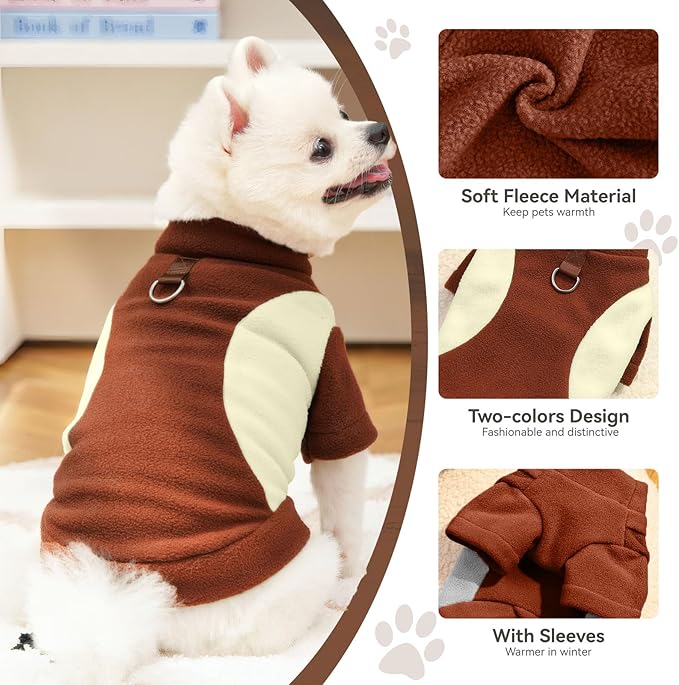 Small Dog Sweater with Leash Ring Soft Warm Fleece Fall Winter Dog Clothes Cute Cat Apparel Puppy Sweaters Classic Pullover Doggy Sweatshirts Chihuahua Costumes Cat Outfits(Brown,L)